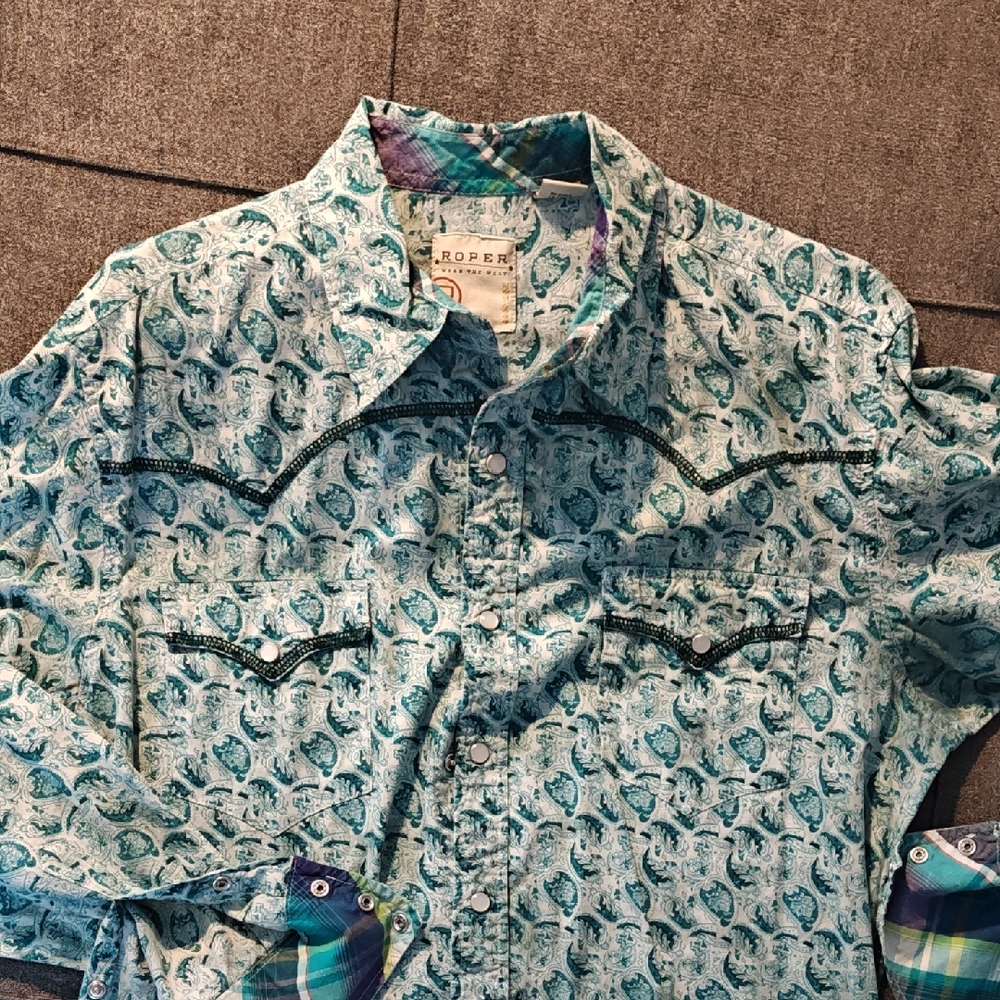 Roper Blue Casual Button Down Shirt with Paisley Design